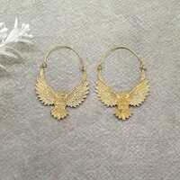 Golden Owl Hoop Earrings – Boho Spirit Animal Statement Jewelry