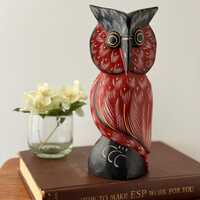 Hand Carved Wooden Owl Figurine | Vintage Hand-Painted Folk Art Red and Black Bird Sculpture | Boho 