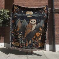 Folk Art Owl Tapestry, Celestial Night Sky Woven Blanket, Botanical Bird Wall Hanging, Nature Decor,