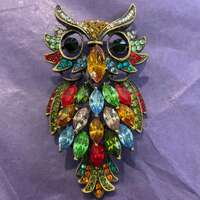 Vintage Butler and Wilson Large Crystal Owl Brooch, Old Gold Tone with Large Rainbow Crystals, Signe