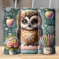 Teacher Owl Tumbler Wrap PNG, Professor Owl 20oz Sublimation Design, Floral Chalkboard Animal Wrap, 