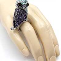 Vintage Owl Stretch Ring Standing 3-D Owl Rhinestone Purple AB Clear Silver Tone - Gift Box