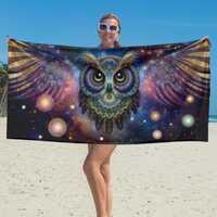 Celestial Owl Beach Towel - Wisdom Among the Stars, Cosmic Owl Mandala Blanket, Galaxy Bird Oversize
