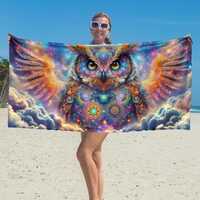 Cosmic Owl Beach Towel - Guardian of the Galaxy, Celestial Mandala Design, Night Sky Spirit, Galaxy 