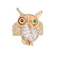 Vintage Owl on Branch Ring 14k Yellow Gold Diamond Emerald Eyes Jewelry Sz 6