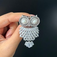 Elegant Owl Brooch with Pearl Eyes & CZ Crystals – Silver Statement Pin - Wedding Accessor