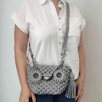 Macrame Owl Crossbody Bag: Handmade Gray Cotton Boho Purse