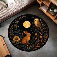 Night Forest Rug with Owl and Rabbit Round Rug– Mystical Celestial Moon Carpet for Nature Love