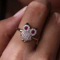Owl Diamond Ring, Diamonds Eyed Baby Owl Ring in 14k Yellow Gold, Everyday Ring, Two Tone Ring, Owl 