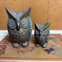 Vintage Brass Owl Family Set of 2 Figurines Paperweight Solid Brass Patina