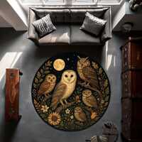 Owl Round Rug with Full Moon – Enchanted Nocturnal Forest Scene Carpet, Cozy Nature Animal Dec