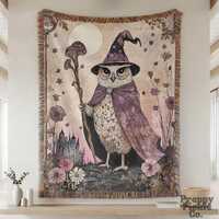 Vintage Owl Wizard Woven Throw, Magical Fantasy Home Decor Blanket, Medieval Fairytale Inspired Deco