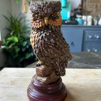 Vintage Owl Sculpture Figurine Wooden Stand