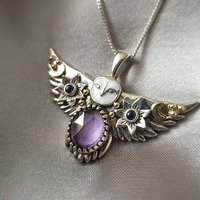 Silver and 18K gold Owl Pendant - Amethyst /or Moonstone jewelry - Owl necklace -  Cute owl pendant 