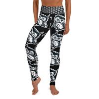 Cute Owl drawing, women's black Yoga Leggings w/all over print, black and white. Raised waistban
