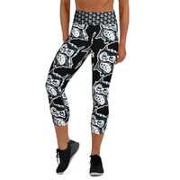 Cute Owl drawing, women's black Yoga Capris with all over print, black and white. Raised waistba