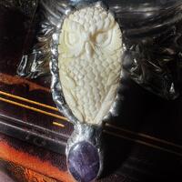 The Hedwig Owl Ring with amethyst, bone carved unique statement ring, adjustable ring