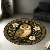 Owl Round Rug – Night Forest Animal Carpet – Celestial Floral Bird Rug – Whimsical