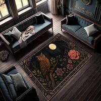 Owl and Moon Forest Rug - Dark Academia Gothic Carpet with Flowers and Night Sky - Mysterious Woodla