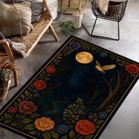 Mystical Owl and Moonlight Forest Rectangular Rug – Vintage Gothic Floral Owl Carpet for Livin