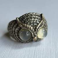 Moonstone Eyes Owl Ring Sterling Silver US Size 7 Dome Ring Detailed Estate Costume Jewelry Gifts fo