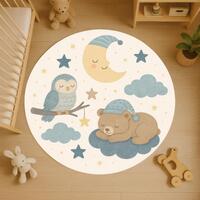 Sleepy Bear & Owl Round Rug: Moon and Stars Nursery Carpet in Soft Blue Tones for Baby Room or T