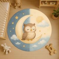 Sleeping Owl Round Rug: Moon and Sun Nursery Carpet with Day and Night Design for Baby Room or Toddl