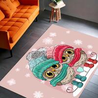 Cute Winter Owl Cartoon Kids Area Rug – Pink Nursery & Playroom Floor Decor
