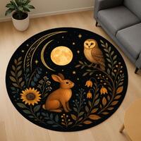 Rabbit and Owl Under the Moon – Whimsical Round Rug for Nature Lovers – Celestial Animal