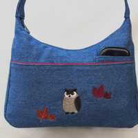 Owl and leaves embroidered  Denim Handbag cell phone pocket + 2 in front and 1 in back fully lined w