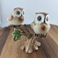 VINTAGE Norcrest Pair of Owls On Branch with Baby Ceramic Figurine - Japan