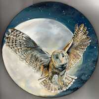 Moonlit flight- Owl, Original Acrylic Painting on circular stretched canvas, one of a kind