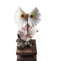 Vintage Large Sea Shell Owl Art Sculpture On Wood Base Beach House Decor