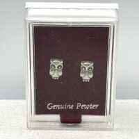 Genuine Pewter Tiny Owl Pierced Stud Earrings In Box