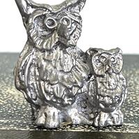 Vintage Pewter Owl Family, Miniature | Owl Mom and Baby | Pewter Bird