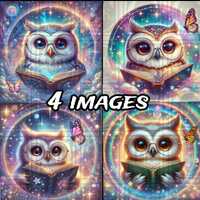 Owl reading - 4 images - Set 1 - AI Art digital PNG file only - tumbler wrap, wind spinner, coaster,