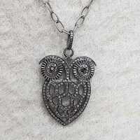 Designer Owl Pendant Necklace 925 Solid Sterling Silver Natural Pave Diamond Handmade Pendant Chain 
