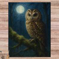 Moonlit Owl Rice Paper: Mystical Forest Illustration for Decoupage