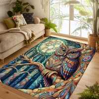 Colorful Owl Area Rug: Boho Psychedelic Forest Decor