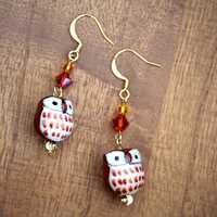 Ceramic Owl Earrings: Fall Colors, Crystal Drops