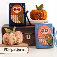 Felt owl needle book and pumpkin pin cushions pattern bundle, Hand embroidered wool felt sewing acce