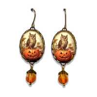 Fall Owl Earrings, Halloween Owl Dangle Beaded Earrings, Owl and Pumpkin Earrings, Fall Jewelry, Fal