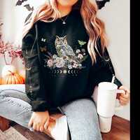 MYSTICAL CELESTIAL OWL Sweatshirt with sleeves design, Floral Owl Sweater, Cottagecore Fall Sweatshi