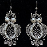 LARGE Mexican Oaxacan Sterling silver filigree Pearl OWL BIRD Frida earrings