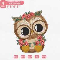 Floral Owl Embroidery Design, Funny Bird with Floral Crown, Whimsical Animal Embroidery File, 4 Size