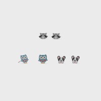 Owl, Raccoon and Dog Stud Earring 3 Pair Set 925 Sterling Silver