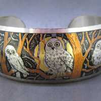 Halloween Owl Bracelet, Vintage Cuff Bracelet with Full Moon and Owls on Trees, Reed & Barton Vi
