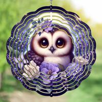 Moonlit Baby Owl PNG with Lavender Flowers for Wind Spinner Sublimation, Night Woodland Animal Clipa