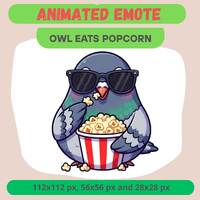 Animated Owl Eating Popcorn Emote For Twitch, Silly Cute Emoticon For Streamers, Playful Chat GIF Fo