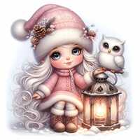 Pastel Winter Gnome Clipart: Girl, Owl, Snow Fantasy Art (300 DPI JPGs)